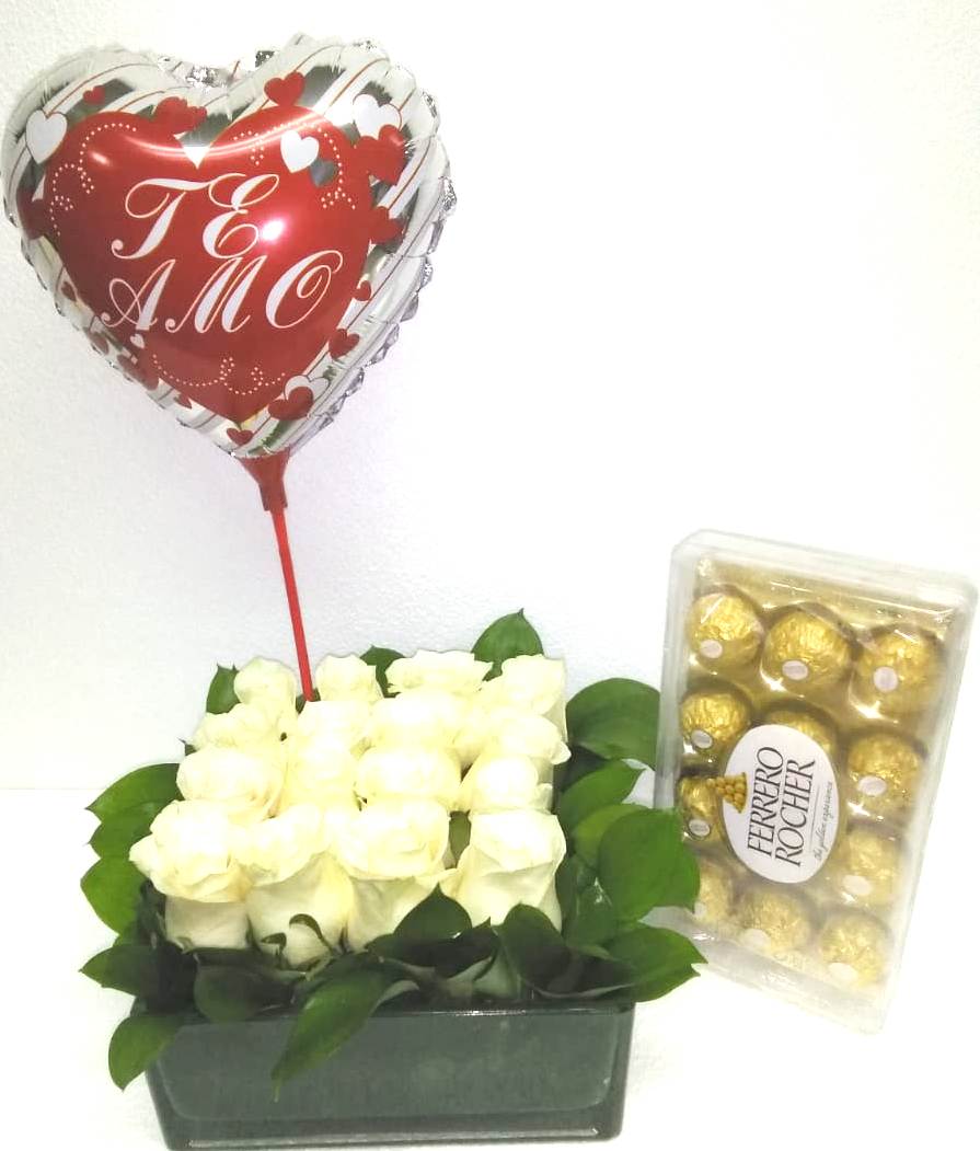 Florero cuadrado 16 Rosas, Bombones Ferrero Rocher 150 gramos y Globito